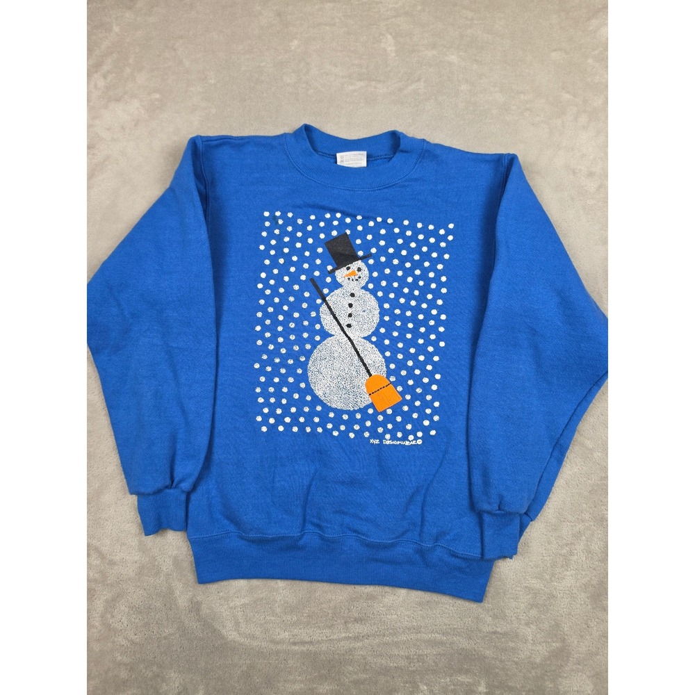Vintage Hanes Sweatshirt Women S Blue Snowman Graphic Made in USA Holiday